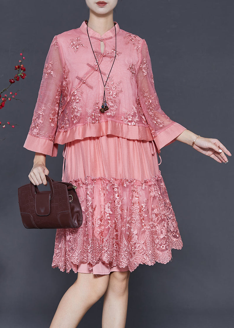 Pink Embroidered Patchwork Tulle Oriental Dress Spring