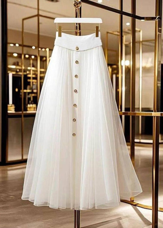 White Single Breasted Patchwork Tulle a Line Skirt Fall