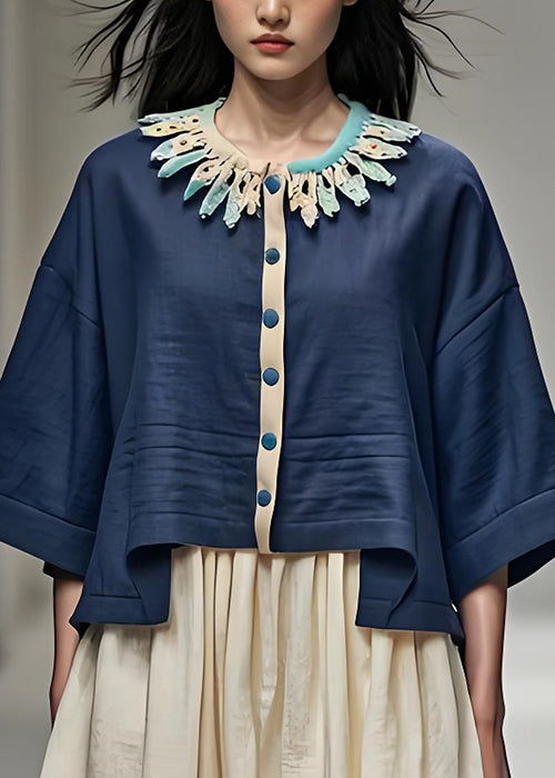 Navy Petal Neck Button Patchwork Cotton Short Coat Bracelet Sleeve