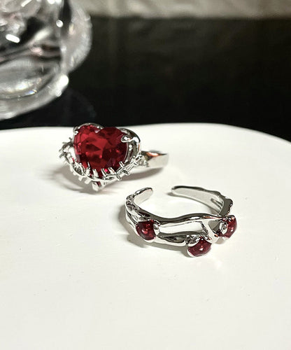 Diy Red Stainless Steel Zircon Rose and Love Rings Two Piece Set