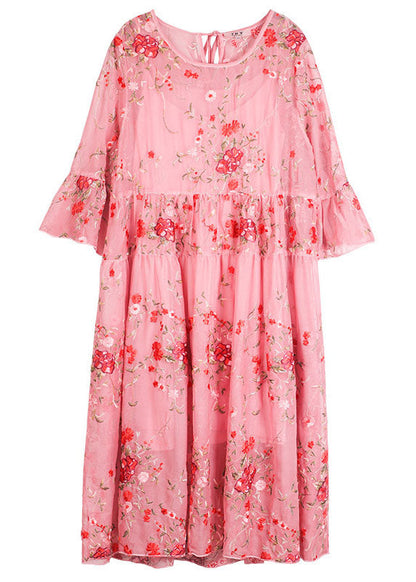 Pink O-neck Embroideried Lace Dresses Two Piece Set Summer