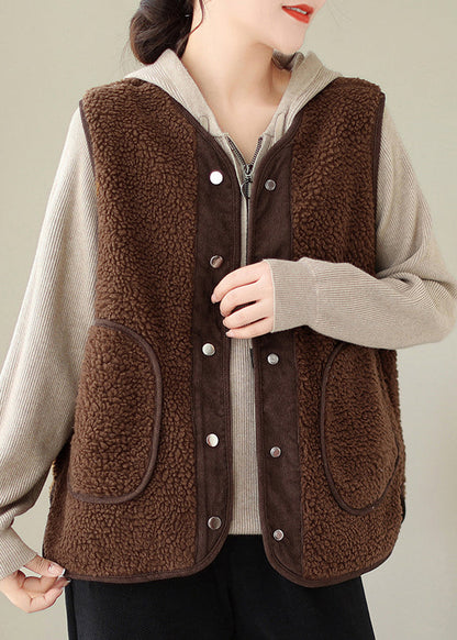 Brown Button Pockets Teddy Faux Fur Waistcoat Sleeveless