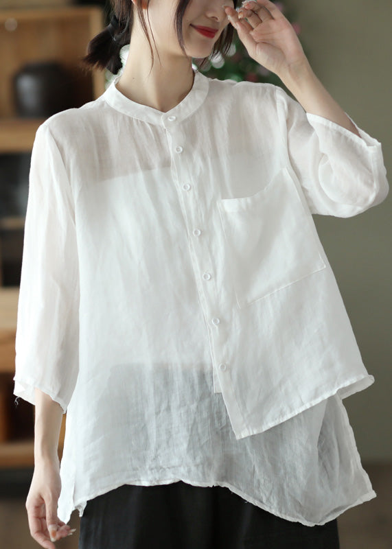Green Stand Collar Pockets Button Linen Shirt Summer