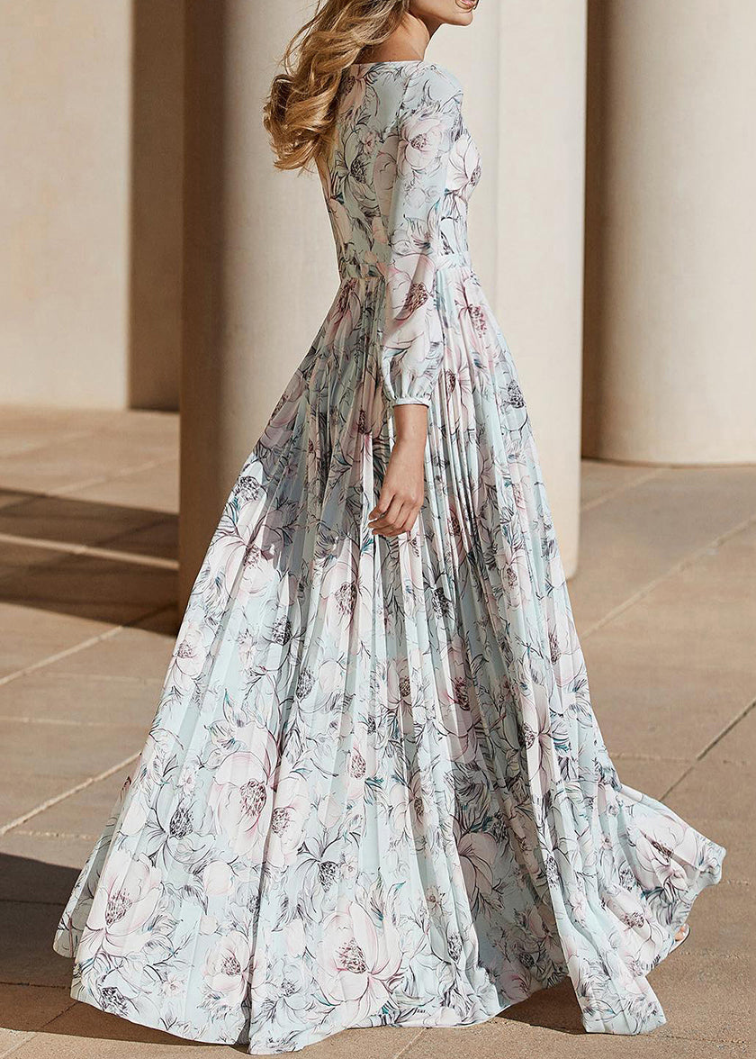 Light Blue Print Wrinkled Chiffon Ankle Dress Fall