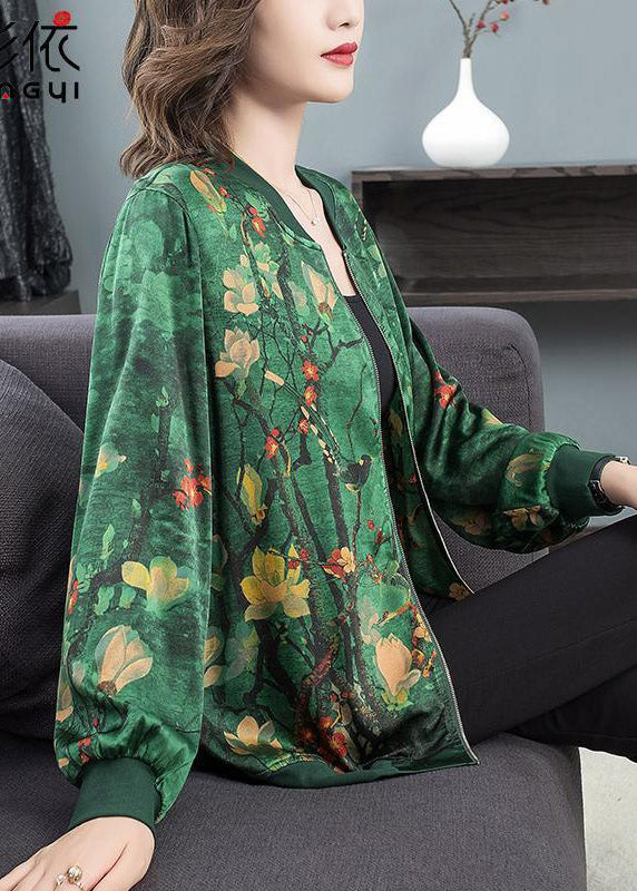 Green O-neck Print Zip Up Silk Coats Long Sleeve