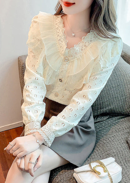 Apricot Ruffled Hollow Out Patchwork Lace Shirts Fall