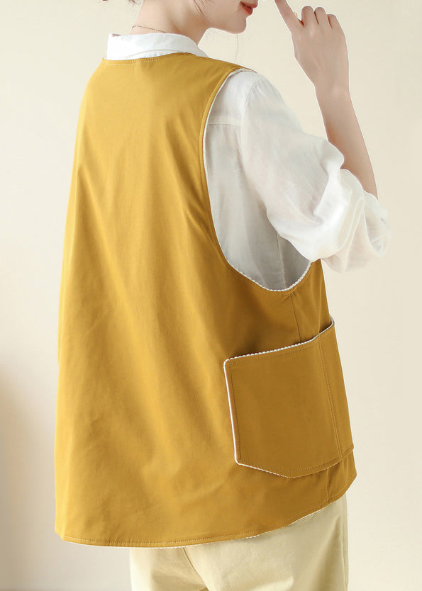 New Yellow Pockets Wear on Both Sides Cotton Waistcoat Sleeveless
