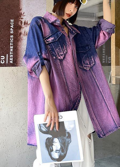 Classy Tie Dye Purple Asymmetrical Design Cotton Long Sleeve Spring Shirt