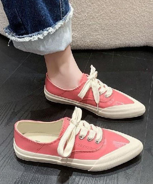 Pink Faux Leather Flat Shoes for Lace Up Splicing Pointed Toe