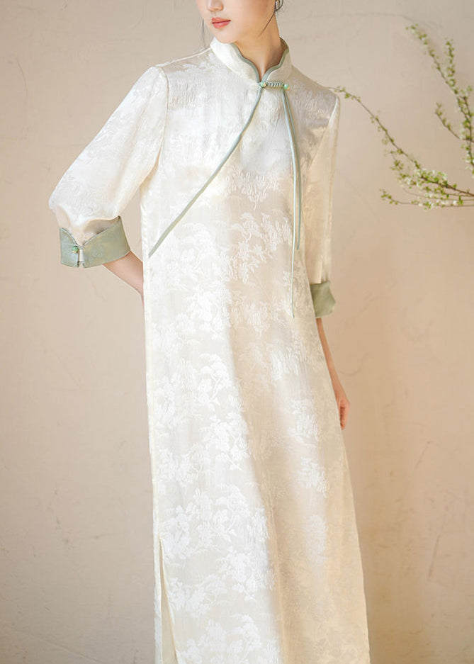 Beige Stand Collar Tasseled Print Patchwork Silk Dresses Fall