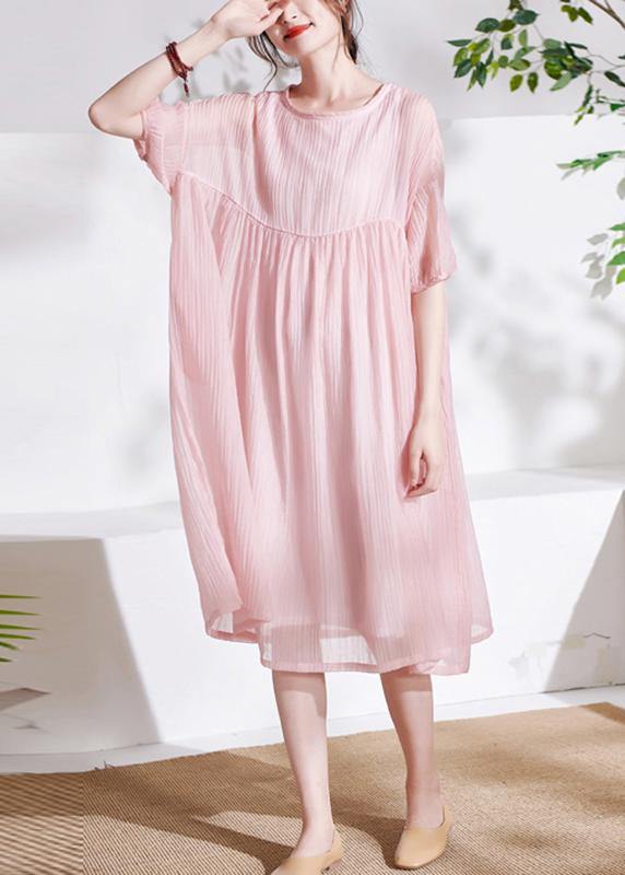 Pink O-neck Patchwork Summer Cotton Maxi Dresses Half Sleeve