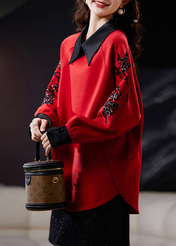 Mulberry Peter Pan Collar Sequins Cotton Sweatshirt Spring