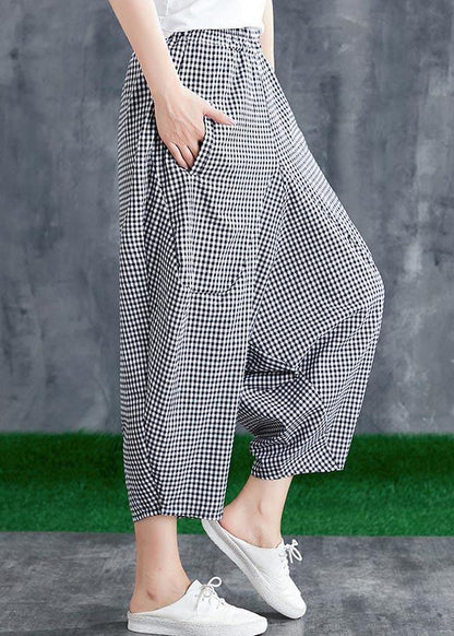 Stitching Cotton Linen Drop Crotch Pants Summer Linen Plaid Loose Large Size
