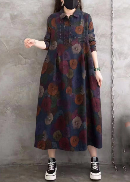 Blue Peter Pan Collar Print Wrinkled Button Long Shirts Dress Spring