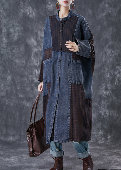 Navy Oversized Patchwork Applique Denim Trench Coat Spring