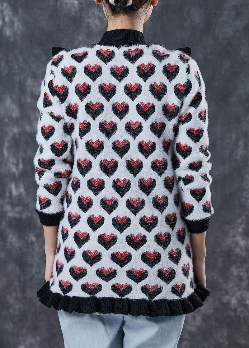 Classy Black Love Print Ruffled Patchwork Knit Sweater Winter