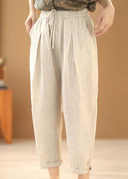 Simple Linen Color Elastic Waist Drawstring Pockets Color Linen Harem Pants Summer