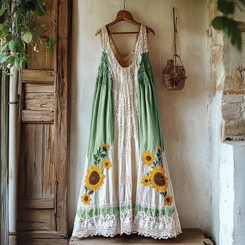 Boho Sunflowers Embroidered Gradient Lace Patchwork Linen Dress artswardrobe
