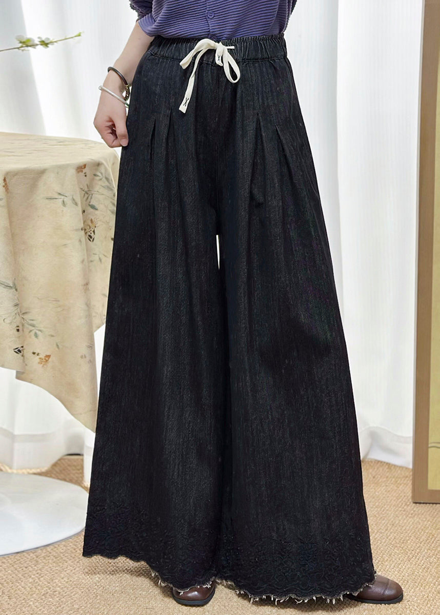Black Pockets Elastic Waist Denim Wide Leg Pants Fall