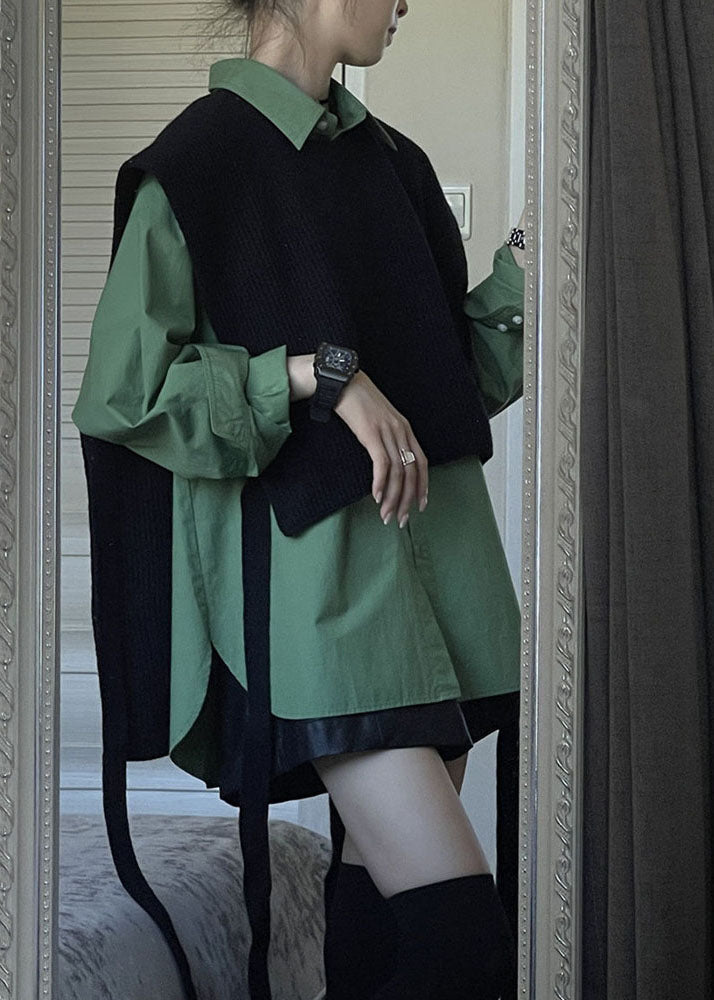 Natural Green Asymmetrical Patchwork Knit Waistcoat and Shirts Two Piece Set Fall
