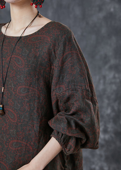 Chocolate Oversized Print Linen Shirt Tops Fall