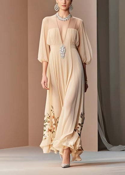 Italian Apricot Print Draping Chiffon Dresses Bracelet Sleeve Summer