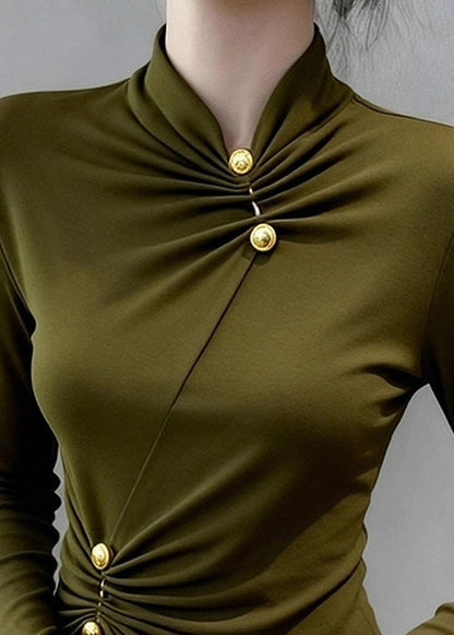 Slim Fit Green Original Design Wrinkled Cotton T Shirts Fall