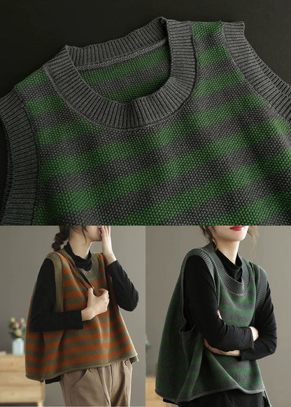 Grey O-neck Striped Knit Vest Spring