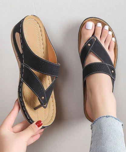 Unique Black Splicing Wedge Thong Sandals Faux Leather