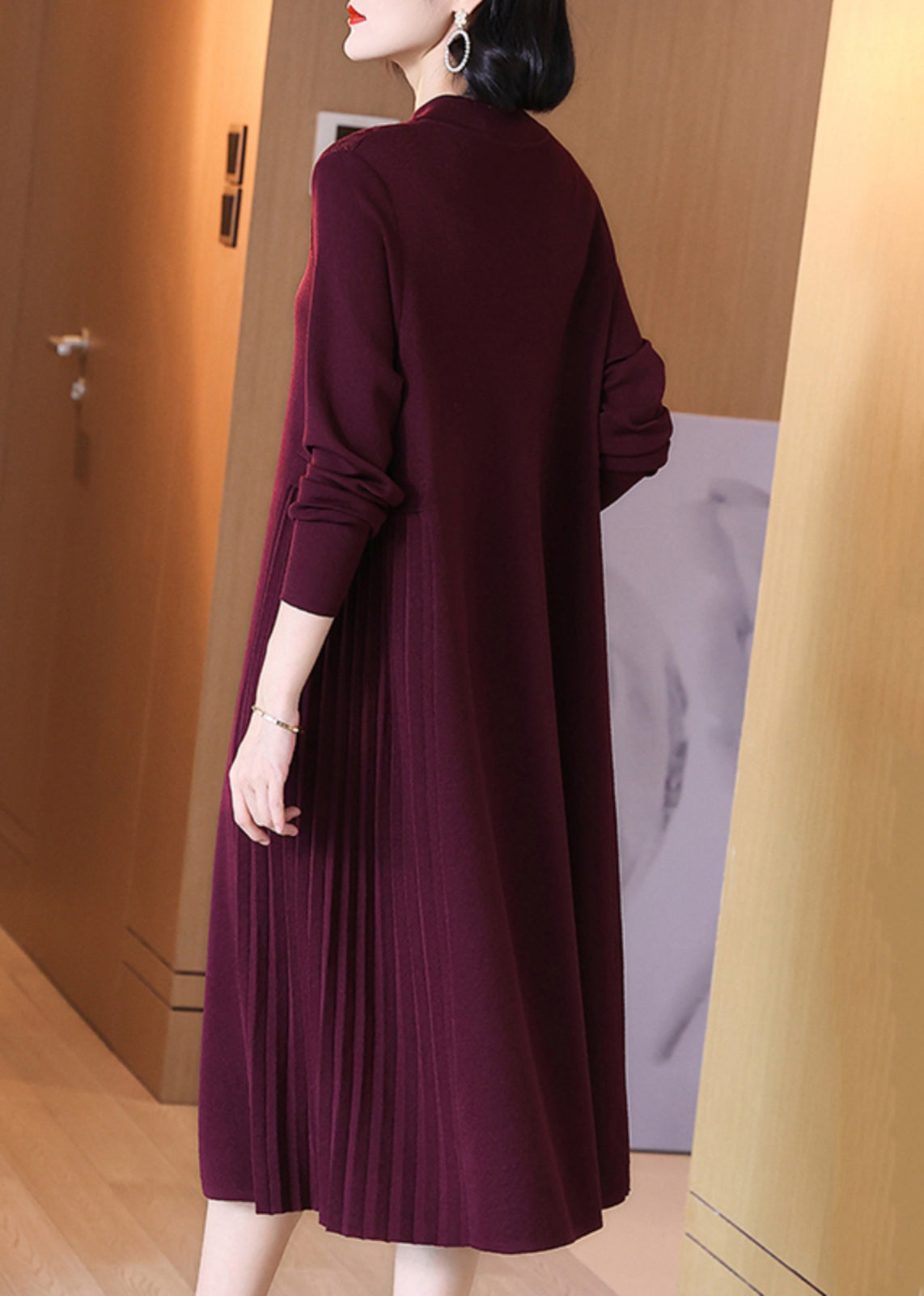 Wine Red Stand Collar Button Cotton Knit Dresses Spring
