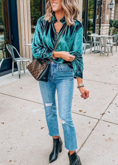 European and American Style Blue Ruffled Velour Top Spring