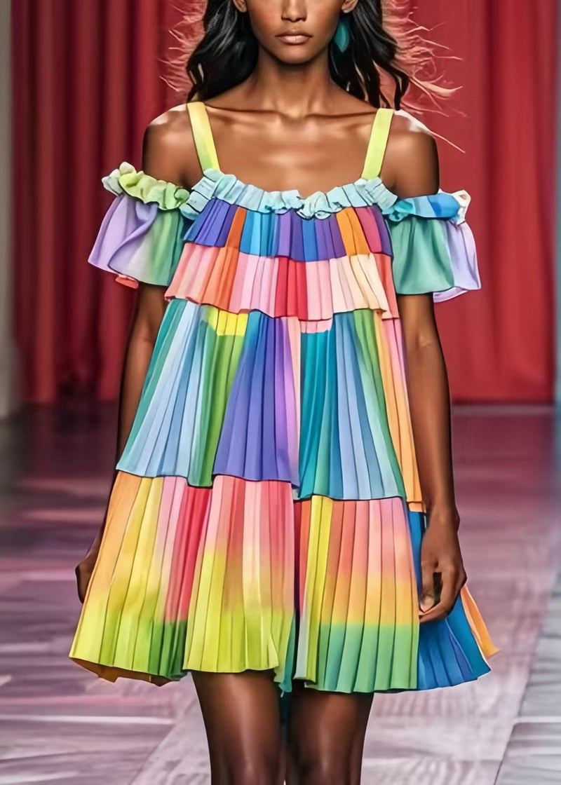 Rainbow Tie Dye Wrinkled Chiffon Day Dress Summer