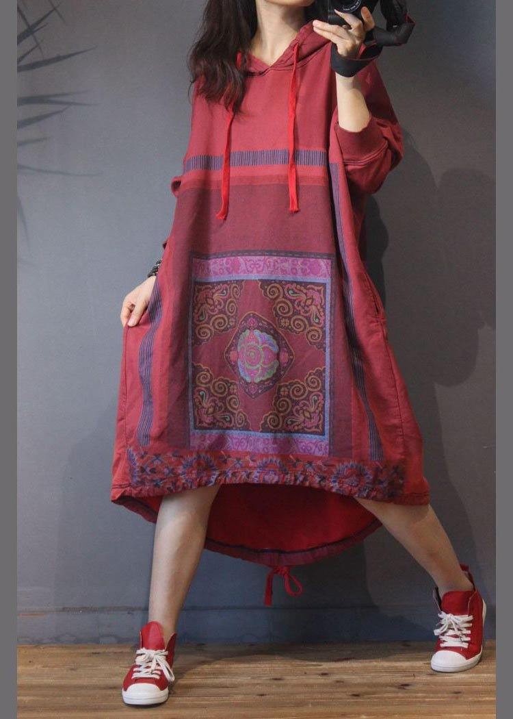Natural Red Print Low High Design Dresses Summer Cotton Dress