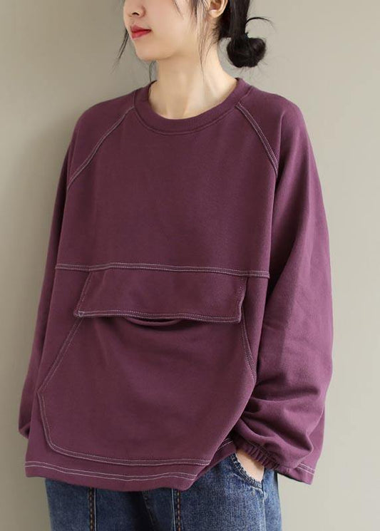 French Purple Tops Blouses O Neck Patchwork Silhouette Spring Blouses