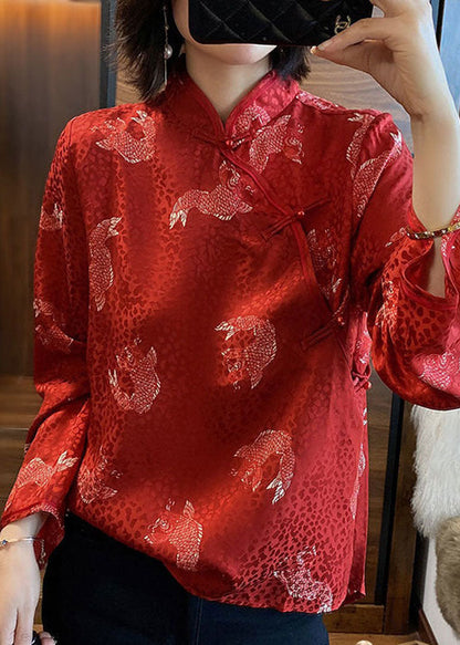French Red Stand Collar Button Print Chiffon Blouse Tops Spring