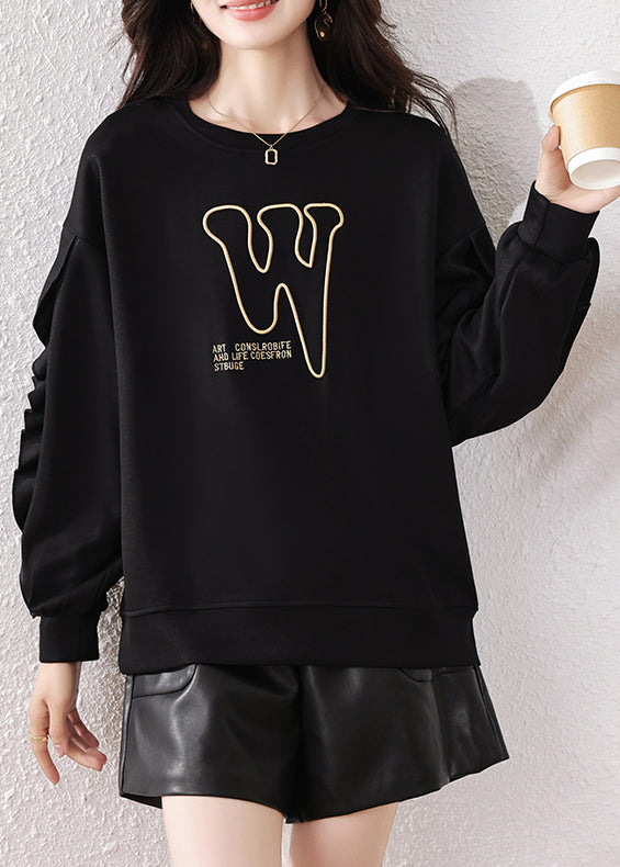 Black Ruffled Embroidered Cotton Pullover Fall