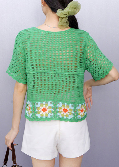 Green Square Collar Tie Lace Knit Top Summer
