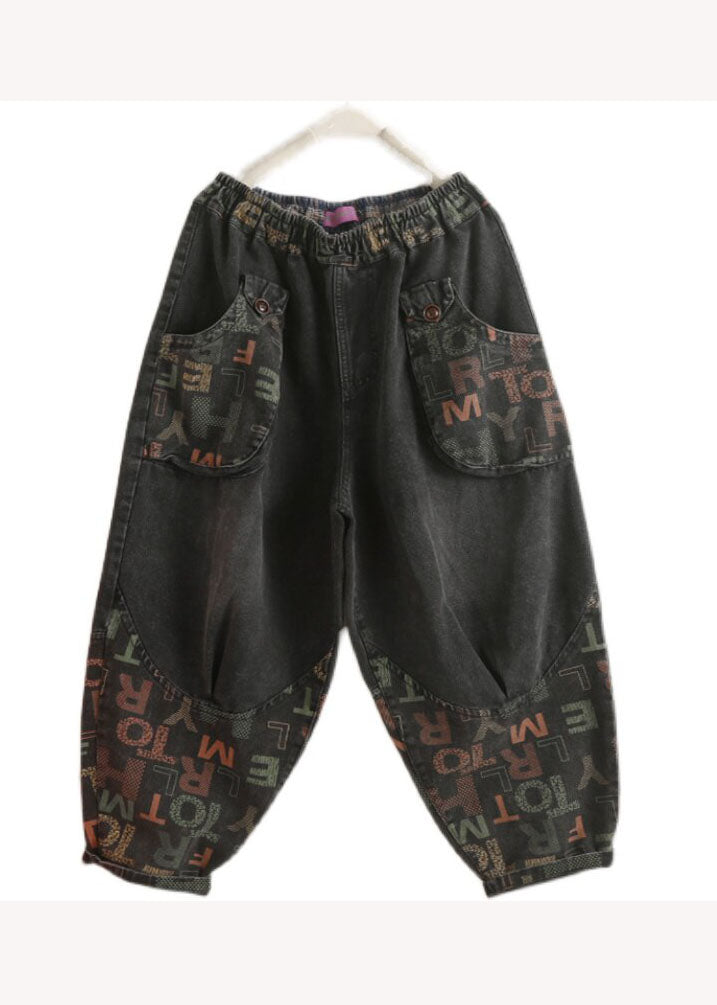 Black Pockets Graphic Print Denim Harem Pants Spring