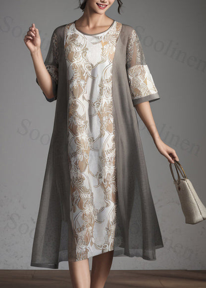 Classy Grey O Neck Print Patchwork Silk Dresses Summer