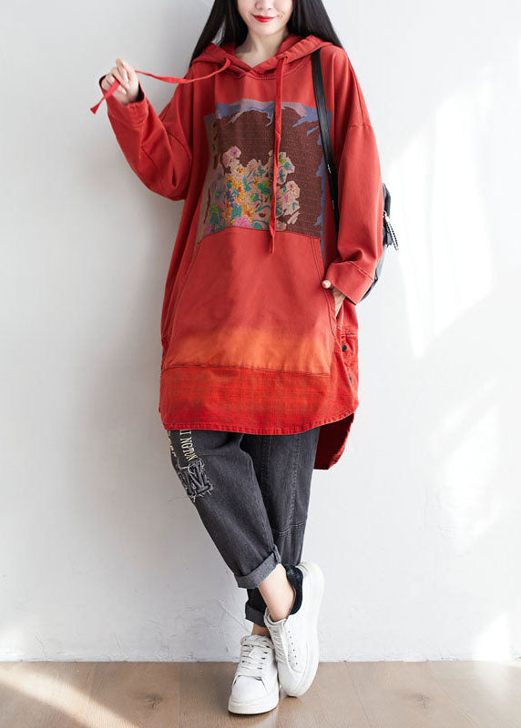 Red Hooded Pockets Print Cotton Sweatshirt Dress Spring
