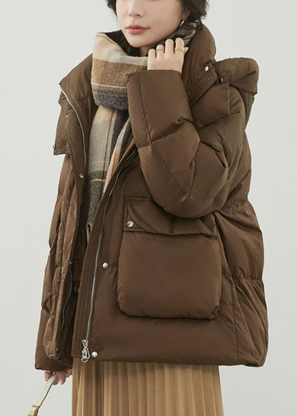 Coffee Zippered Pockets Patchwork Duck Down Coat Winter