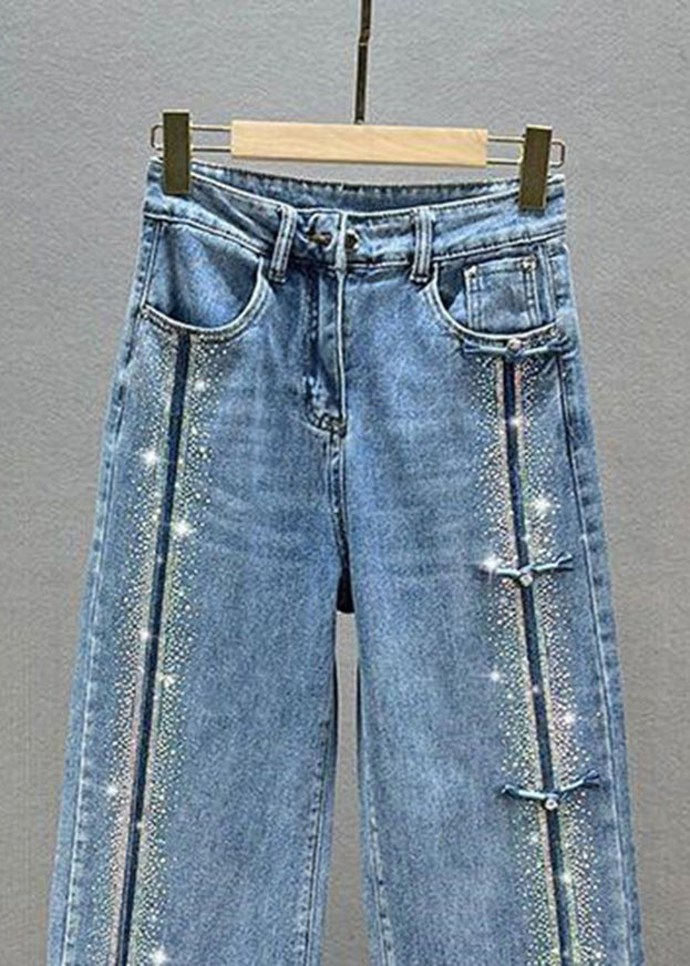 Blue Patchwork Zircon High Waist Wide Leg Jeans Fall