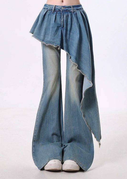 Blue Asymmetrical Patchwork Denim Flared Trousers Pants Spring