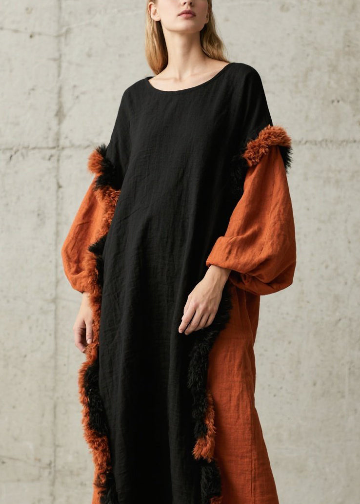 Colorblock Fuzzy Fur Fluffy Patchwork Cotton Maxi Dress Fall
