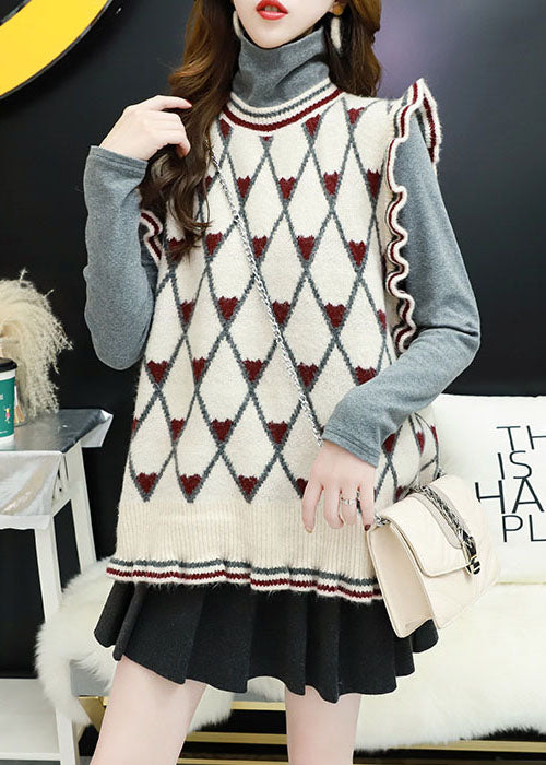 Style Beige O-neck Ruffled Plaid Fall Knit Vest