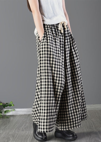 Large Plaid Elastic Waist Linen Wide Leg Pants Summer