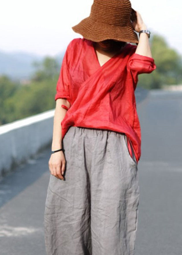 Red Tie Waist V Neck Asymmetrical Design Linen Top Three Quarter Sleeve