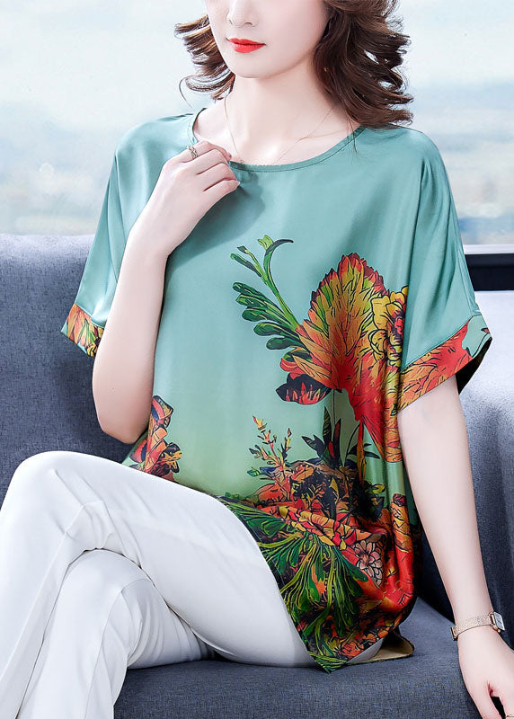Green O-neck Print Silk Tops for Short Sleeve