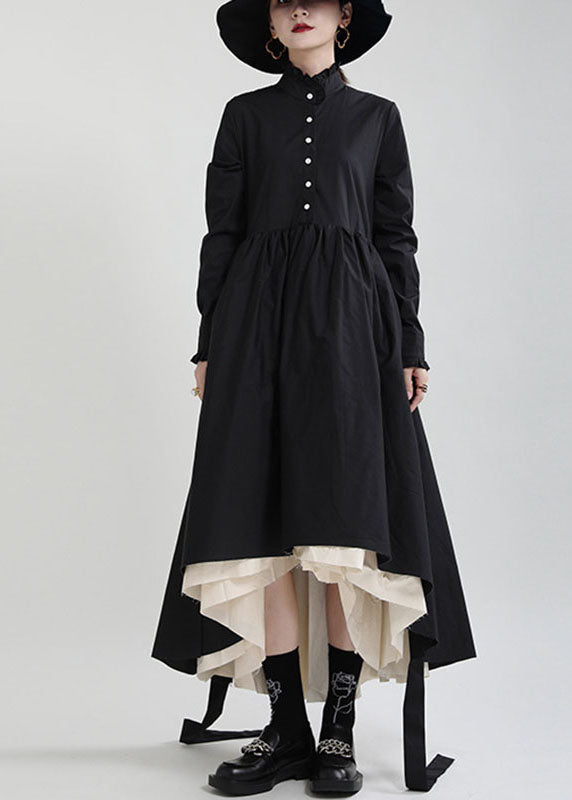Black Button Patchwork Asymmetrical Design Fall Dresses Long Sleeve