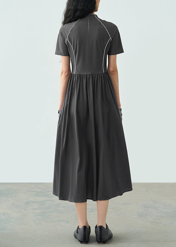Summer Dark Grey Stand Collar Wrinkled Splicing Dress